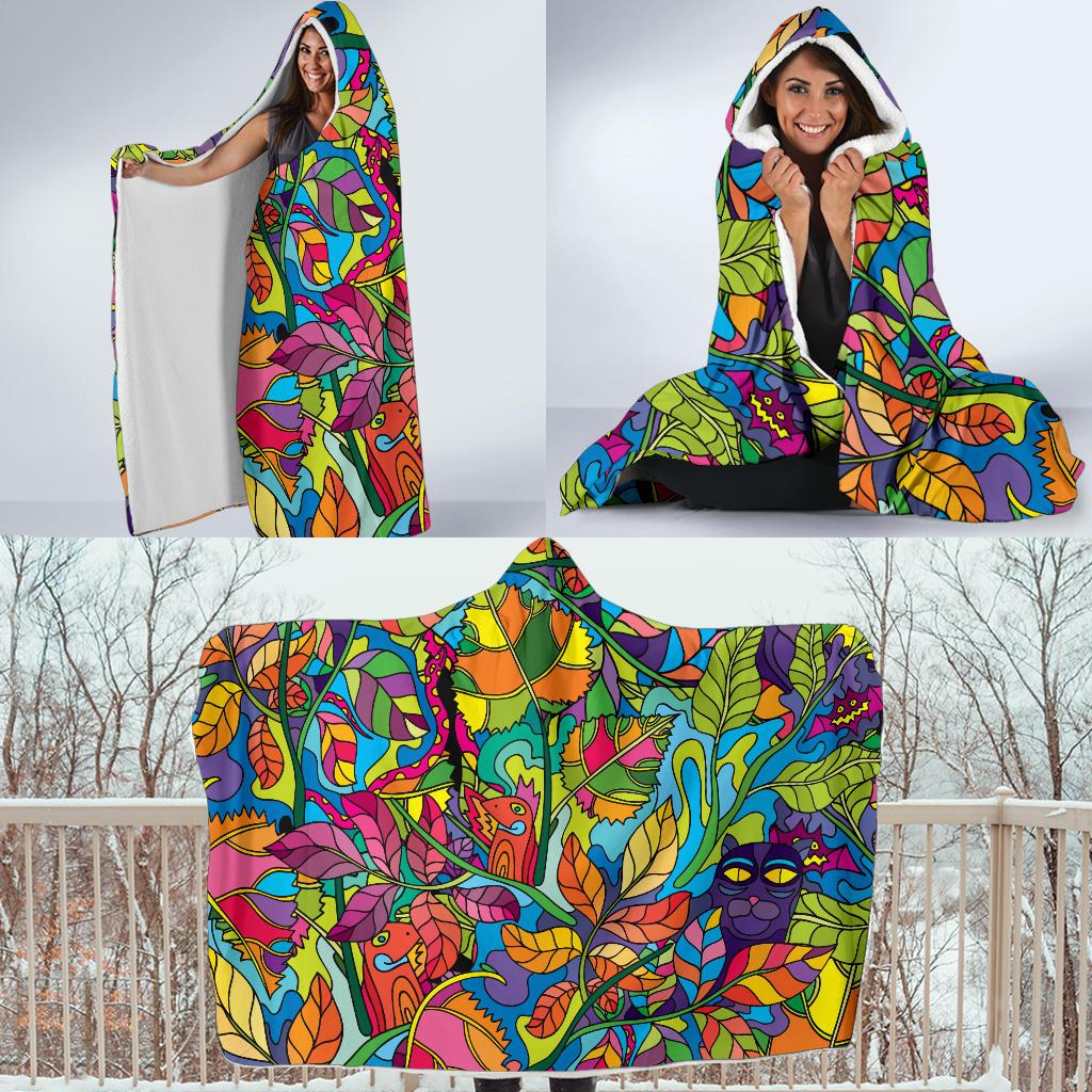 Psychedelic Trippy Flower Print Hooded Blanket-JTAMIGO.COM