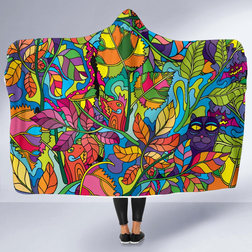 Psychedelic Trippy Flower Print Hooded Blanket-JTAMIGO.COM