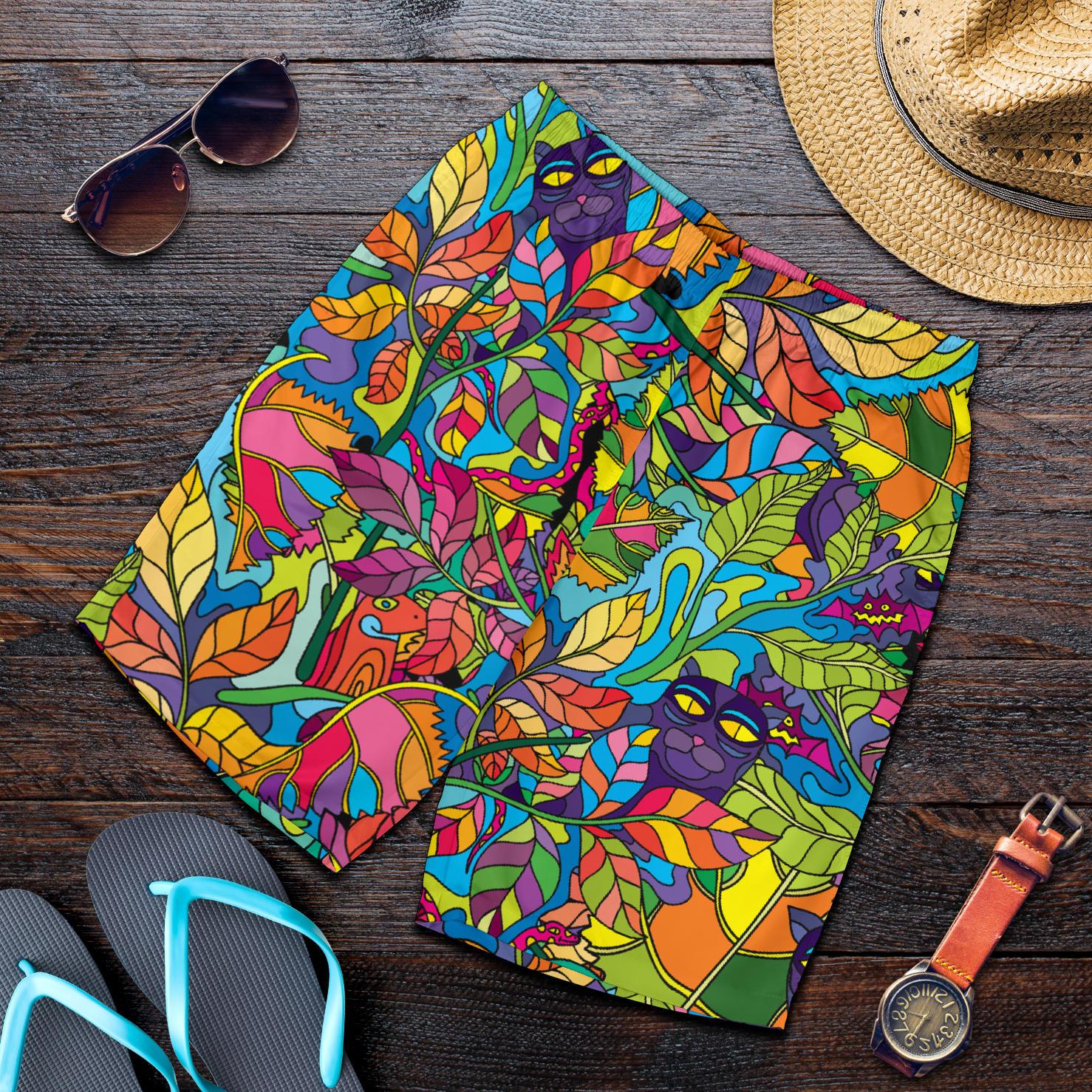 Psychedelic Trippy Flower Print Mens Shorts-JTAMIGO.COM