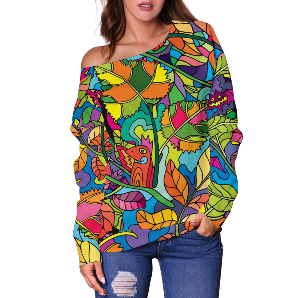 Psychedelic Trippy Flower Print Off Shoulder Sweatshirt