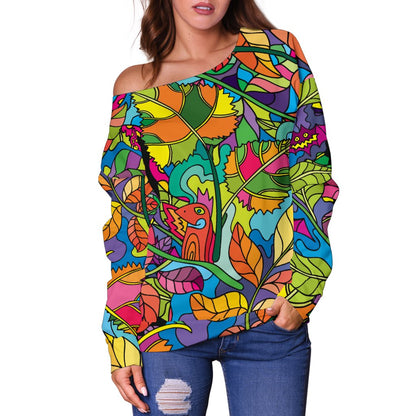 Psychedelic Trippy Flower Print Off Shoulder Sweatshirt