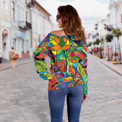 Psychedelic Trippy Flower Print Off Shoulder Sweatshirt
