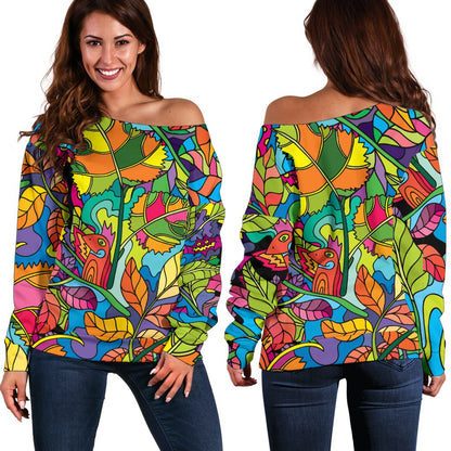 Psychedelic Trippy Flower Print Off Shoulder Sweatshirt