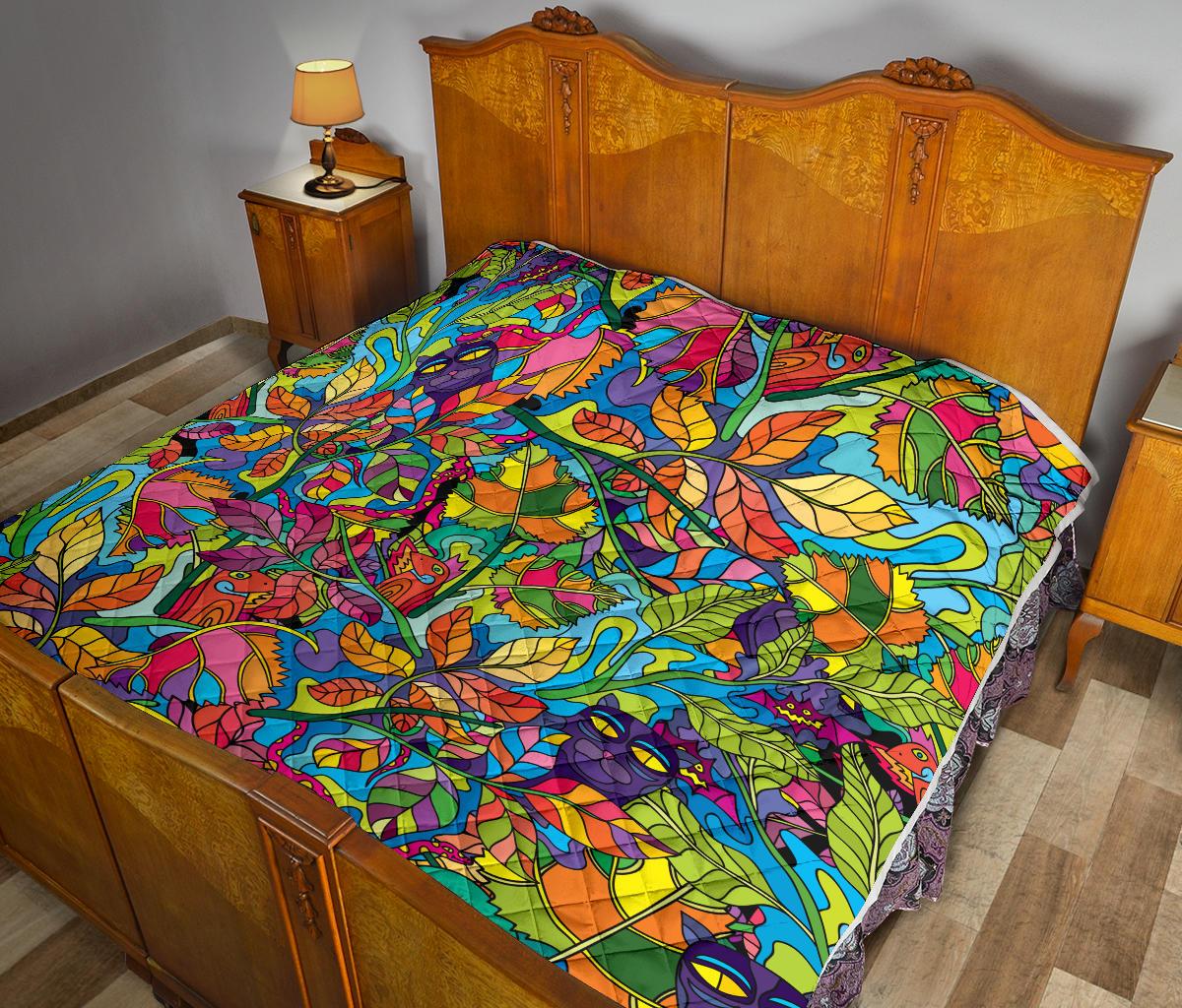 Psychedelic Trippy Flower Print Premium Quilt-JTAMIGO.COM