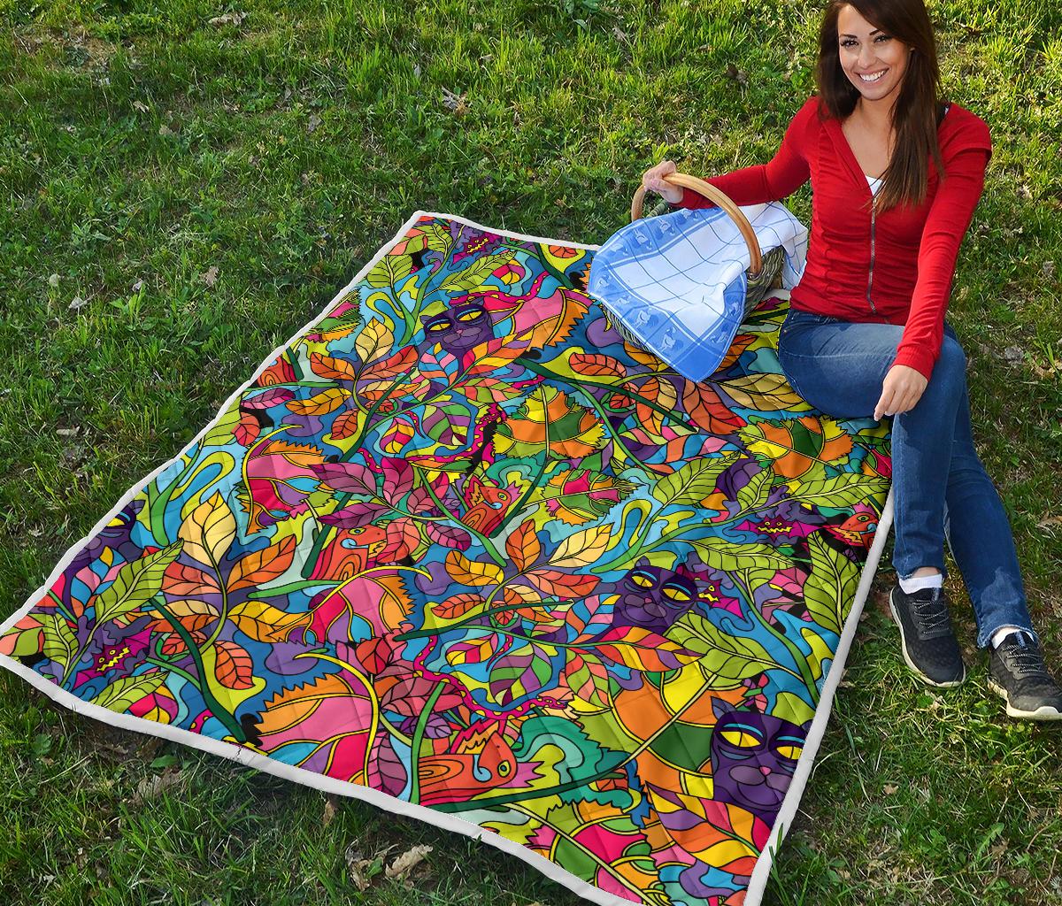 Psychedelic Trippy Flower Print Premium Quilt-JTAMIGO.COM