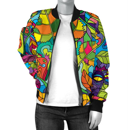 Psychedelic Trippy Flower Print Women Casual Bomber Jacket