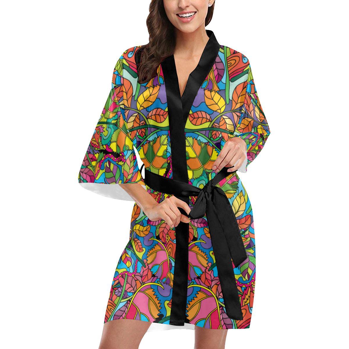 Psychedelic Trippy Flower Print Women Short Kimono Robe