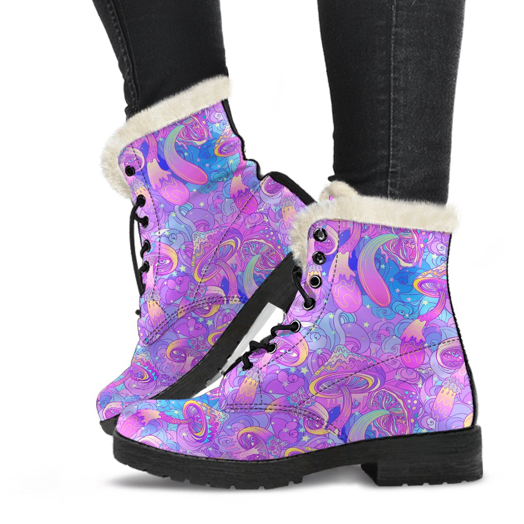 Psychedelic Trippy Mushroom Print Faux Fur Leather Boots-JTAMIGO.COM