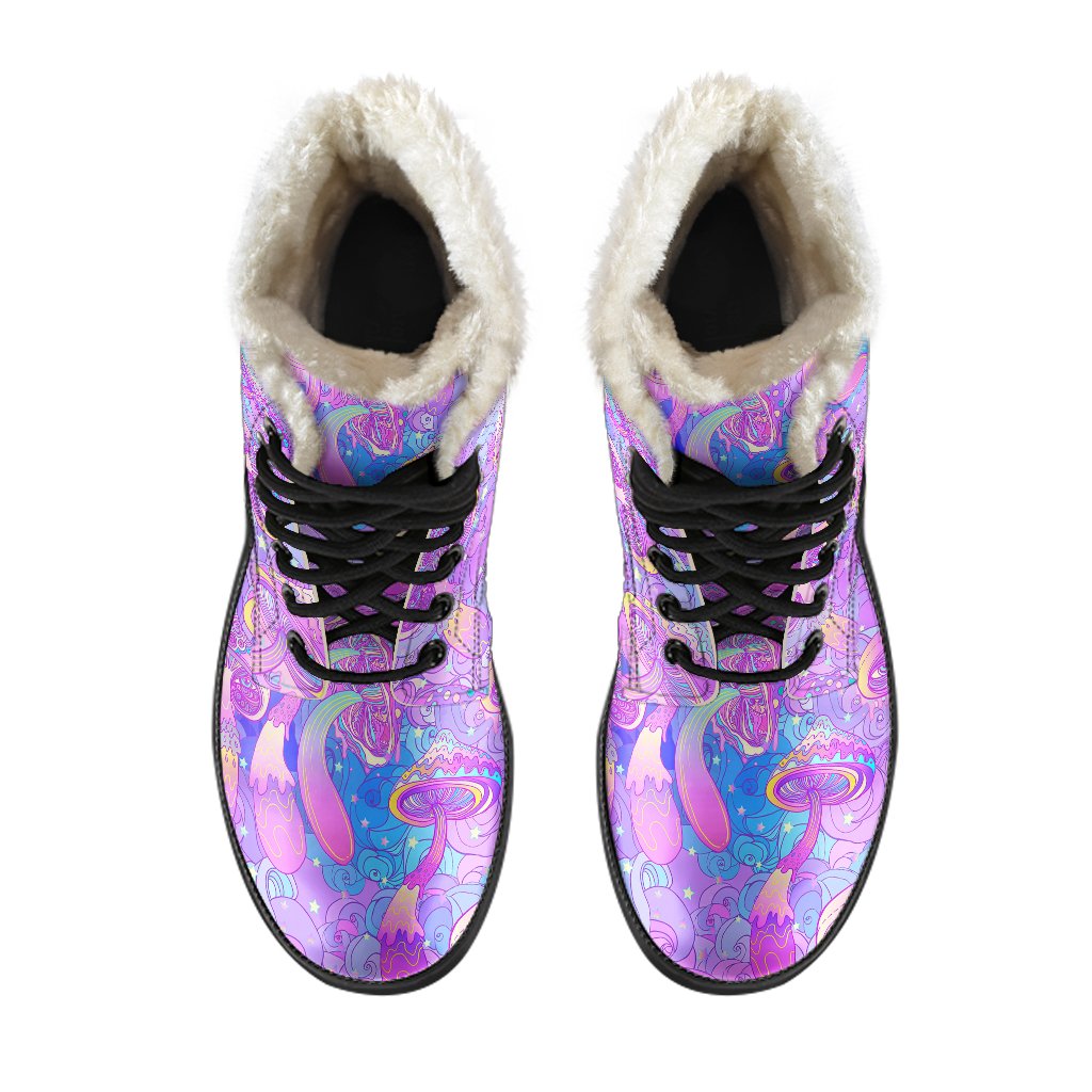 Psychedelic Trippy Mushroom Print Faux Fur Leather Boots-JTAMIGO.COM