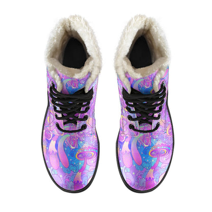 Psychedelic Trippy Mushroom Print Faux Fur Leather Boots-JTAMIGO.COM