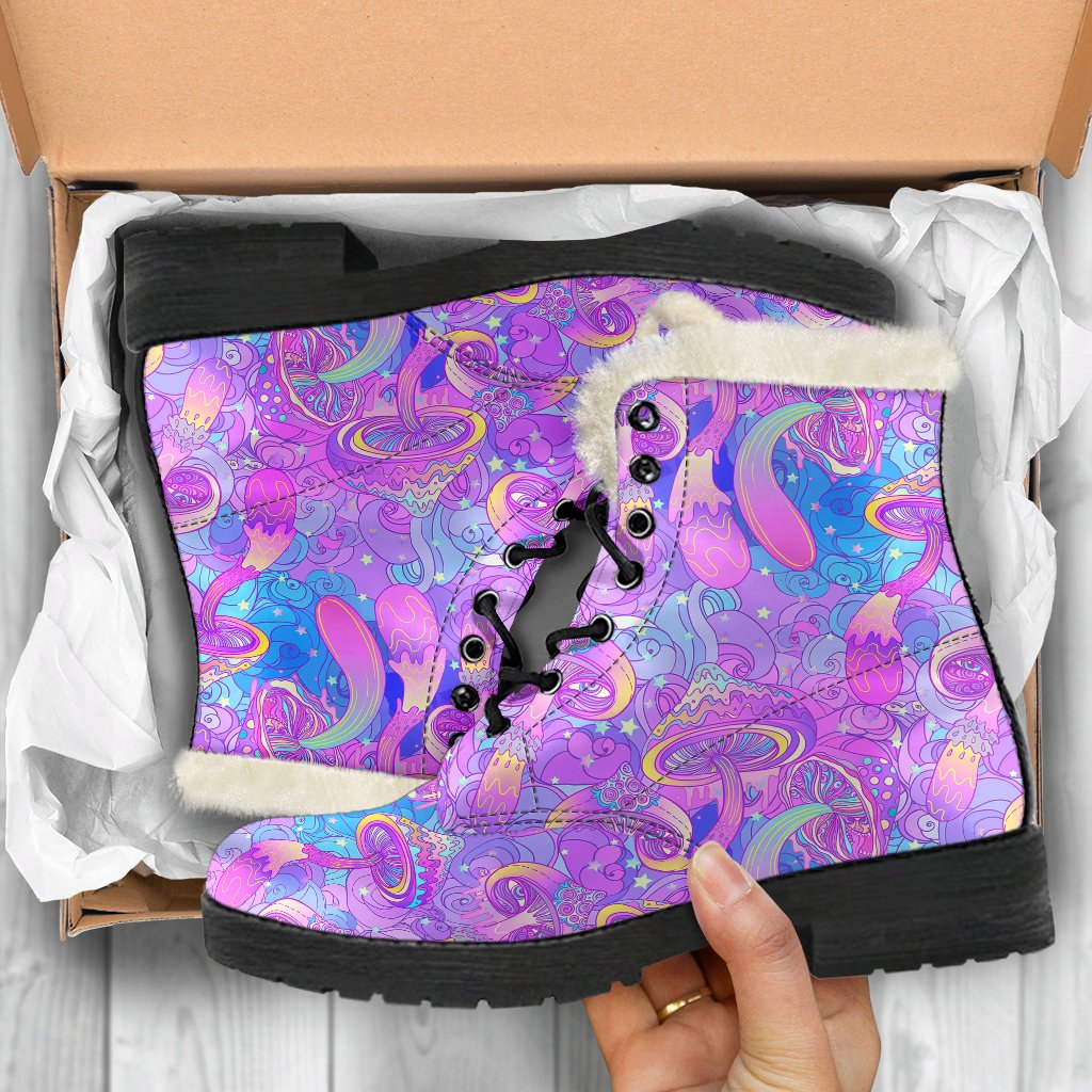 Psychedelic Trippy Mushroom Print Faux Fur Leather Boots-JTAMIGO.COM