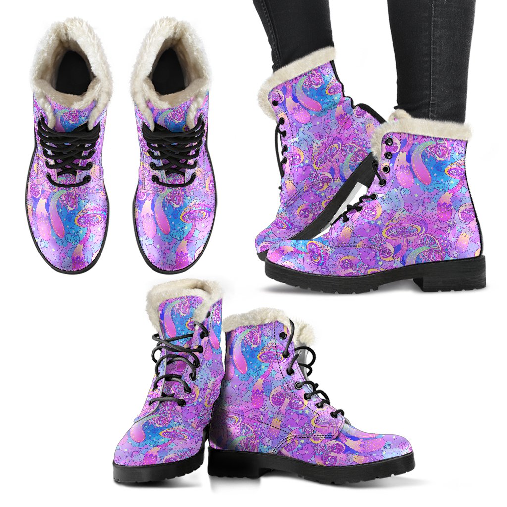 Psychedelic Trippy Mushroom Print Faux Fur Leather Boots-JTAMIGO.COM