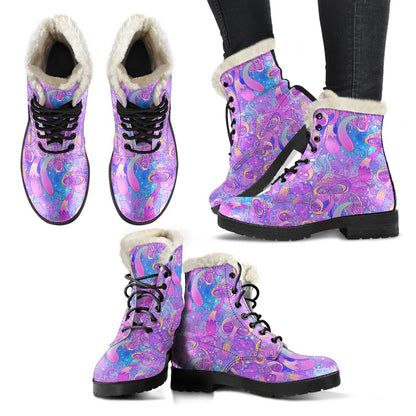 Psychedelic Trippy Mushroom Print Faux Fur Leather Boots-JTAMIGO.COM