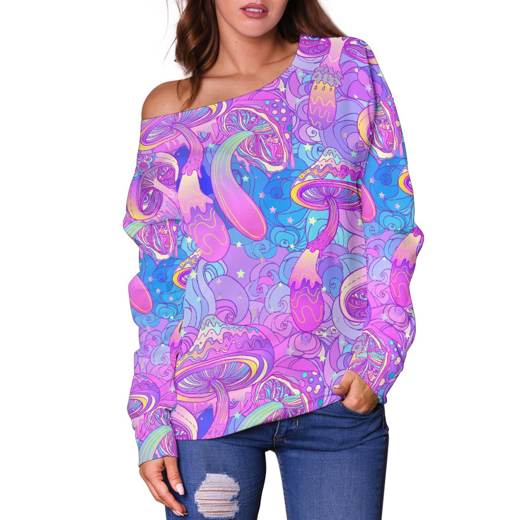 Psychedelic Trippy Mushroom Print Off Shoulder Sweatshirt