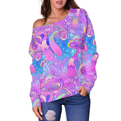 Psychedelic Trippy Mushroom Print Off Shoulder Sweatshirt