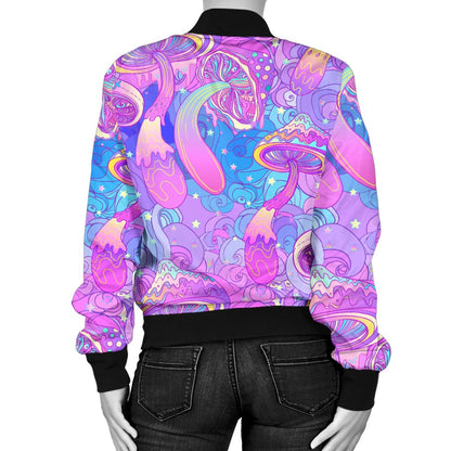 Psychedelic Trippy Mushroom Print Women Casual Bomber Jacket