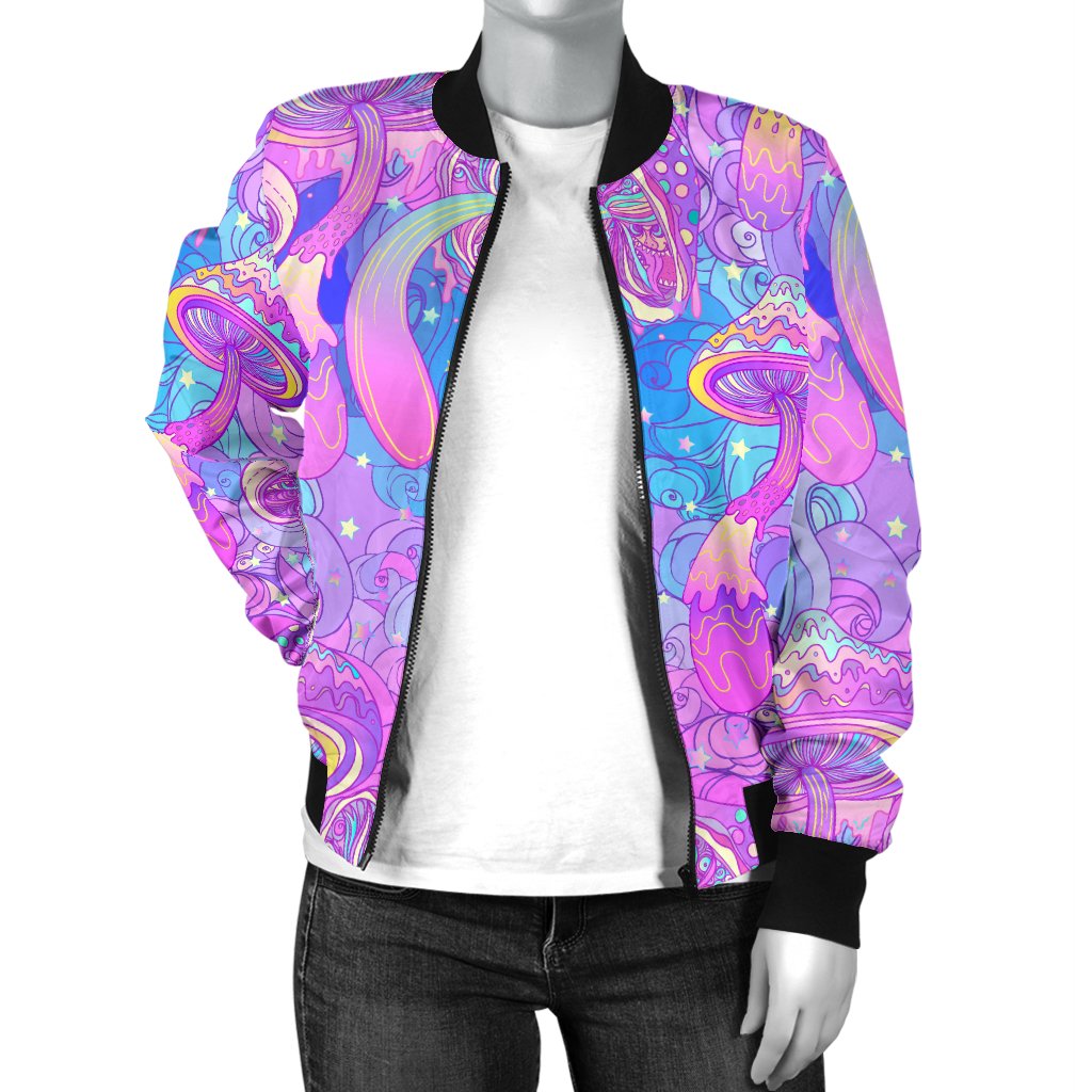 Psychedelic Trippy Mushroom Print Women Casual Bomber Jacket