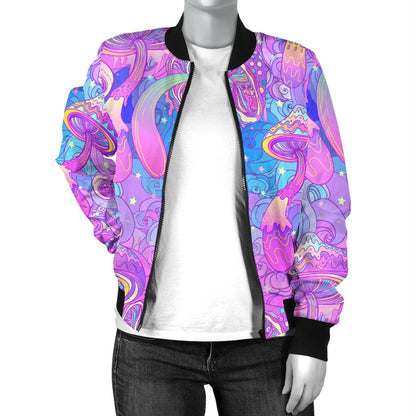 Psychedelic Trippy Mushroom Print Women Casual Bomber Jacket