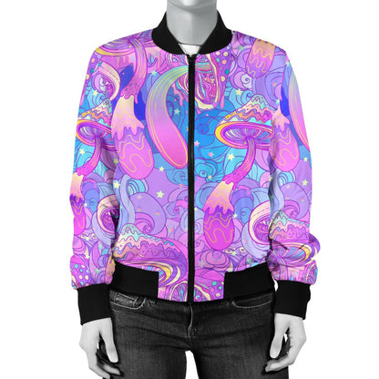 Psychedelic Trippy Mushroom Print Women Casual Bomber Jacket