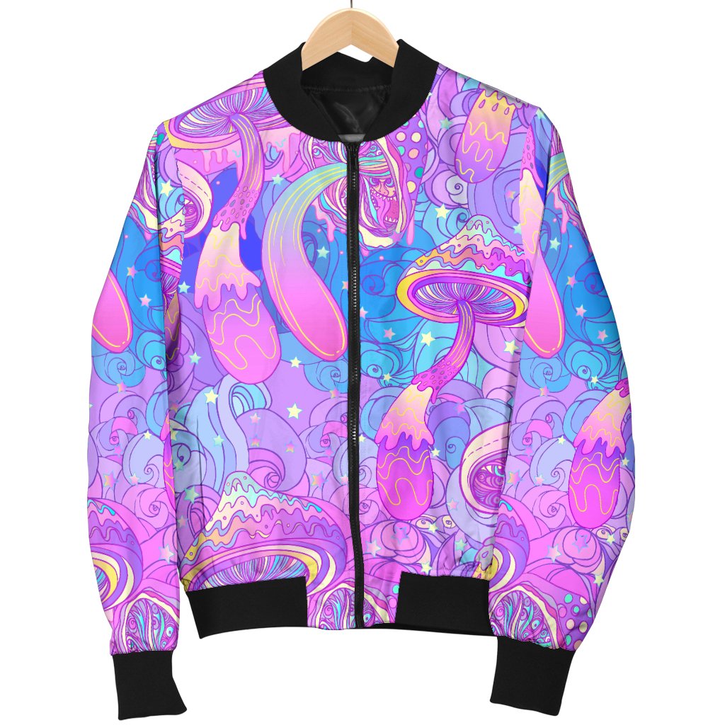 Psychedelic Trippy Mushroom Print Women Casual Bomber Jacket