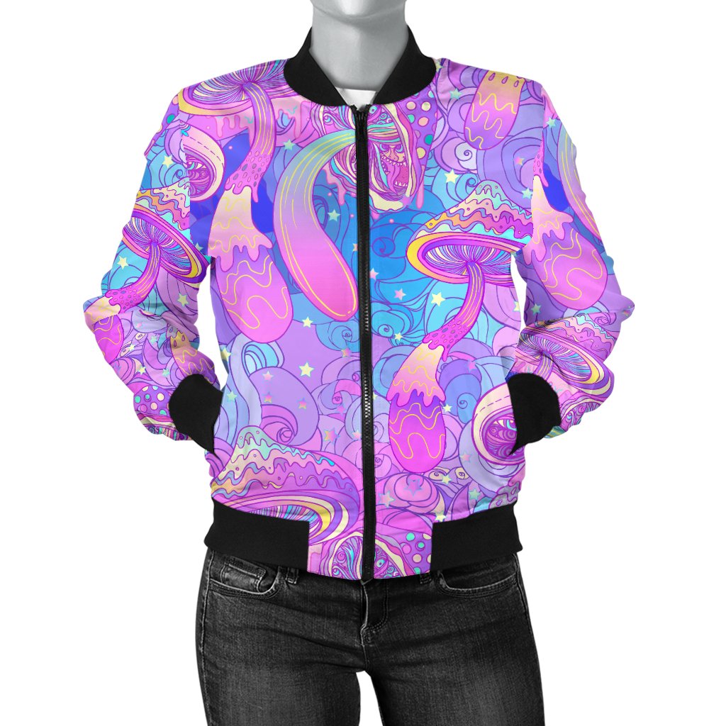 Psychedelic Trippy Mushroom Print Women Casual Bomber Jacket