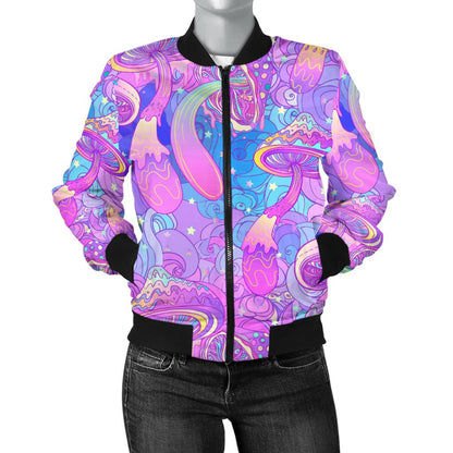 Psychedelic Trippy Mushroom Print Women Casual Bomber Jacket