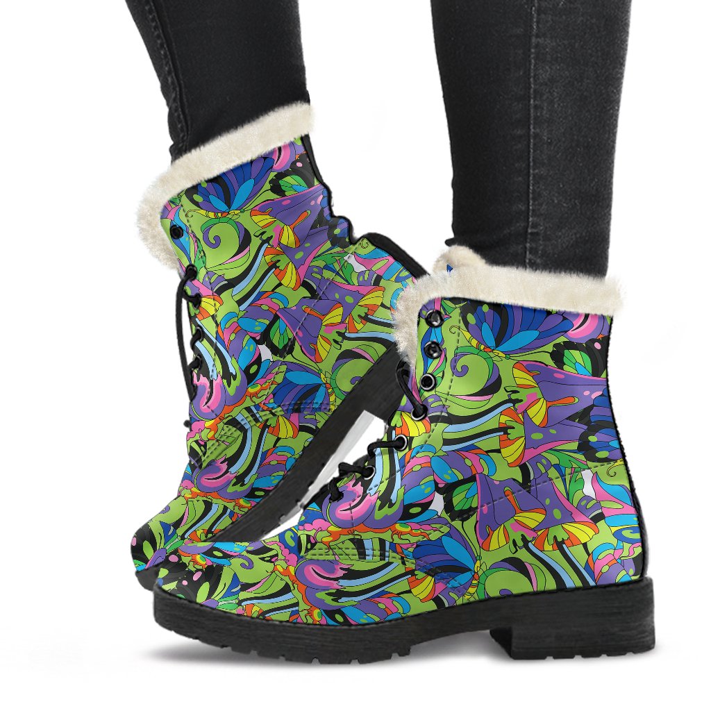 Psychedelic Trippy Mushroom Themed Faux Fur Leather Boots-JTAMIGO.COM