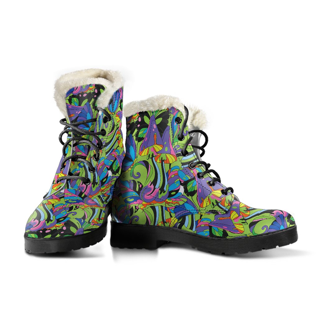 Psychedelic Trippy Mushroom Themed Faux Fur Leather Boots-JTAMIGO.COM