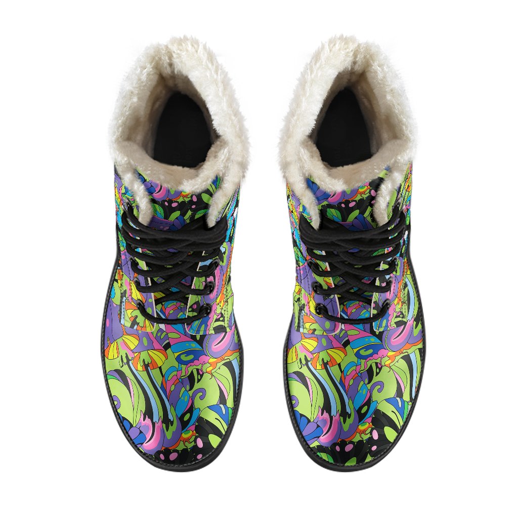 Psychedelic Trippy Mushroom Themed Faux Fur Leather Boots-JTAMIGO.COM
