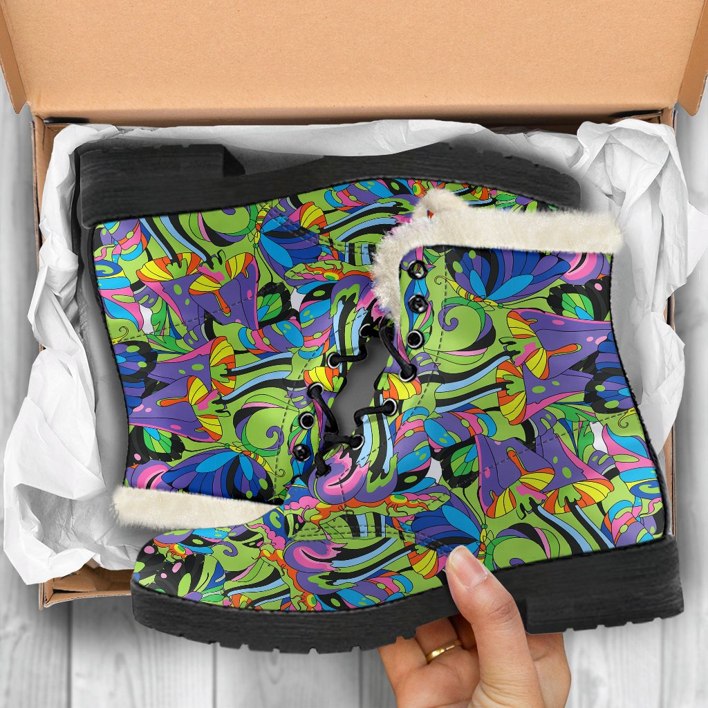 Psychedelic Trippy Mushroom Themed Faux Fur Leather Boots-JTAMIGO.COM