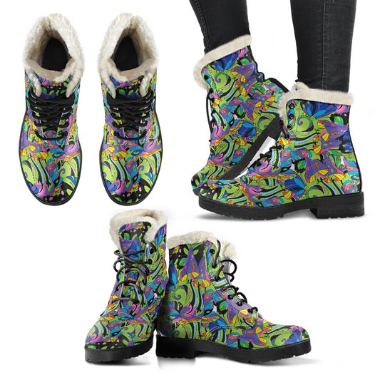 Psychedelic Trippy Mushroom Themed Faux Fur Leather Boots-JTAMIGO.COM