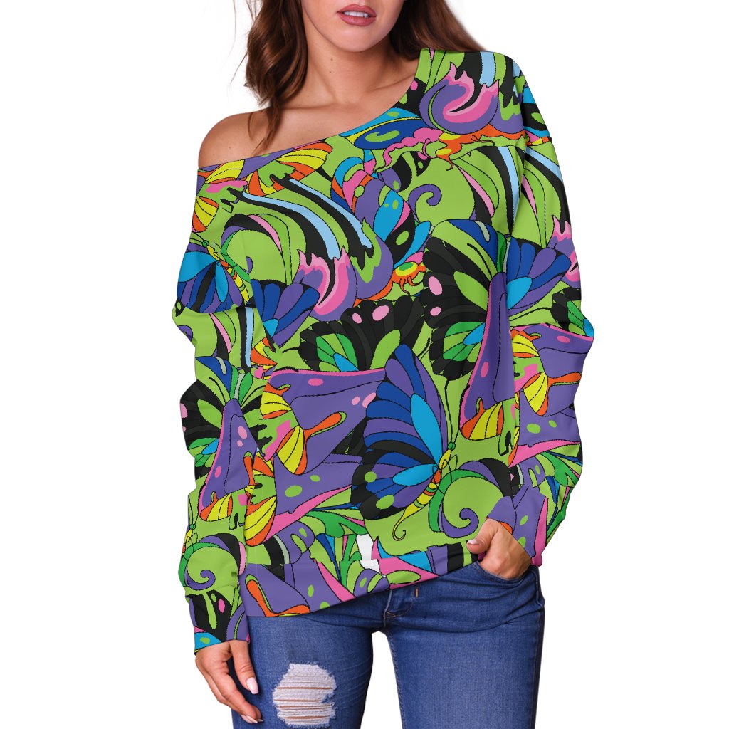 Psychedelic Trippy Mushroom Themed Off Shoulder Sweatshirt