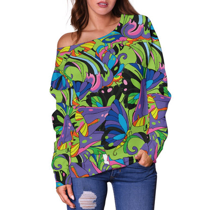 Psychedelic Trippy Mushroom Themed Off Shoulder Sweatshirt