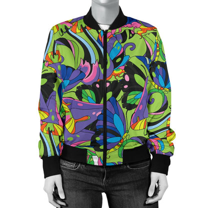 Psychedelic Trippy Mushroom Themed Women Casual Bomber Jacket