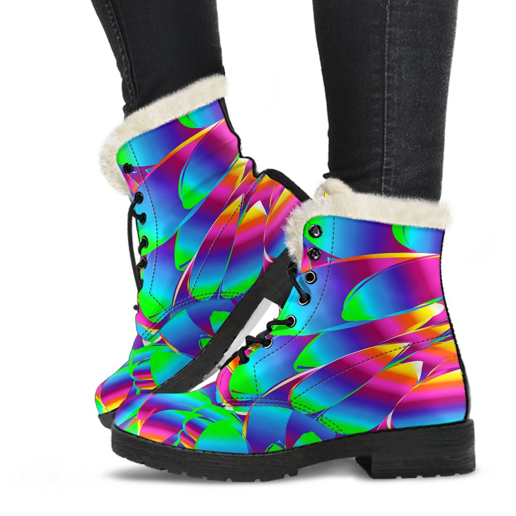 Psychedelic Trippy Pattern Faux Fur Leather Boots-JTAMIGO.COM