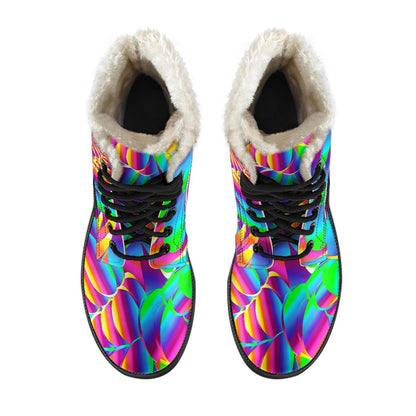 Psychedelic Trippy Pattern Faux Fur Leather Boots-JTAMIGO.COM