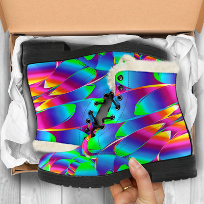 Psychedelic Trippy Pattern Faux Fur Leather Boots-JTAMIGO.COM