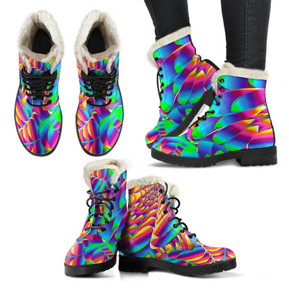 Psychedelic Trippy Pattern Faux Fur Leather Boots-JTAMIGO.COM
