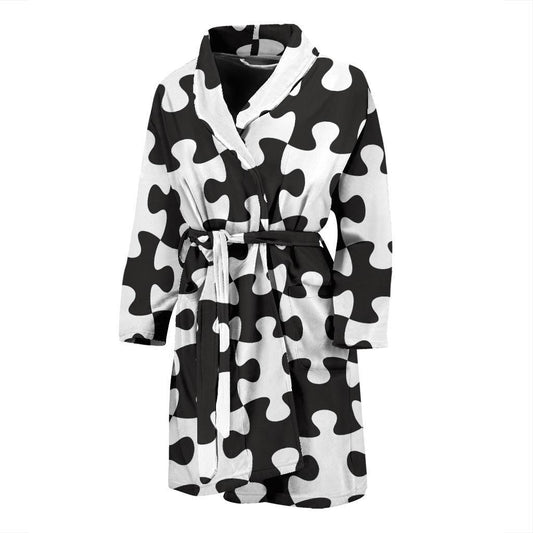 Puzzle Black White Pattern Print Design A02 Men Bathrobe-JORJUNE.COM