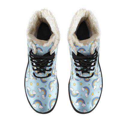 Rainbow Cloud Print Pattern Faux Fur Leather Boots-JTAMIGO.COM