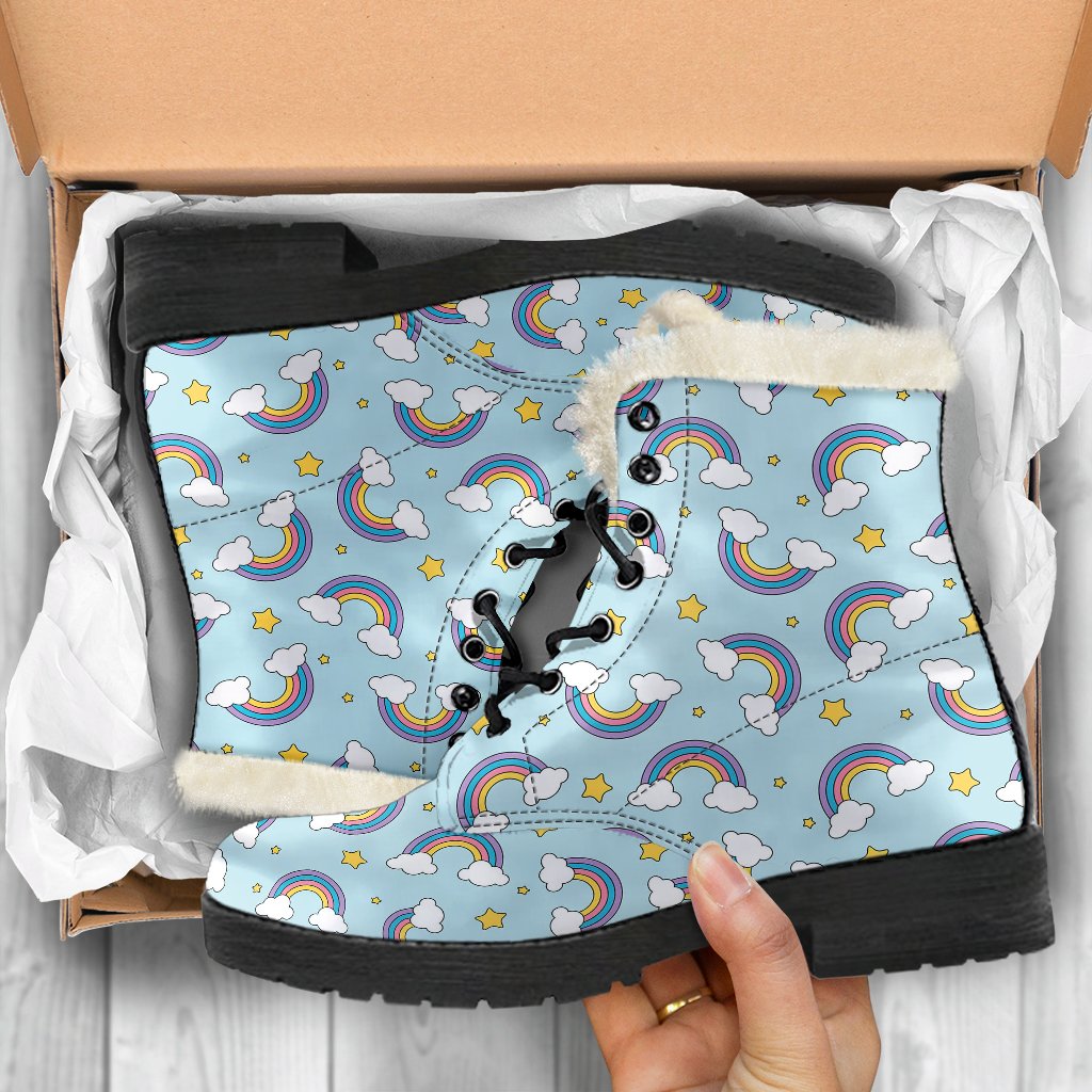 Rainbow Cloud Print Pattern Faux Fur Leather Boots-JTAMIGO.COM
