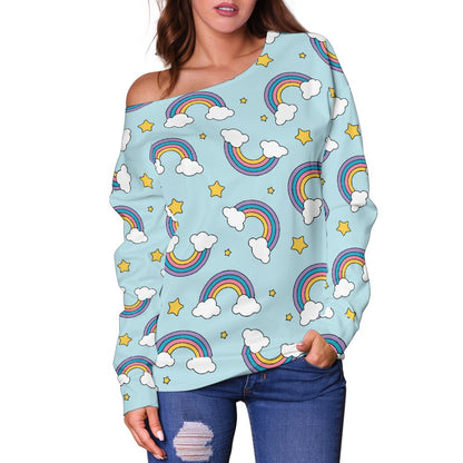 Rainbow Cloud Print Pattern Off Shoulder Sweatshirt
