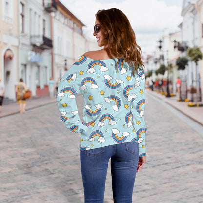Rainbow Cloud Print Pattern Off Shoulder Sweatshirt