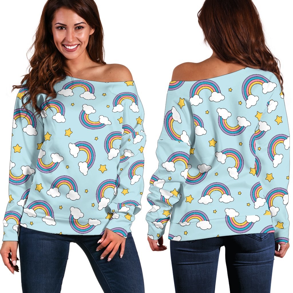 Rainbow Cloud Print Pattern Off Shoulder Sweatshirt
