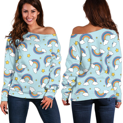 Rainbow Cloud Print Pattern Off Shoulder Sweatshirt