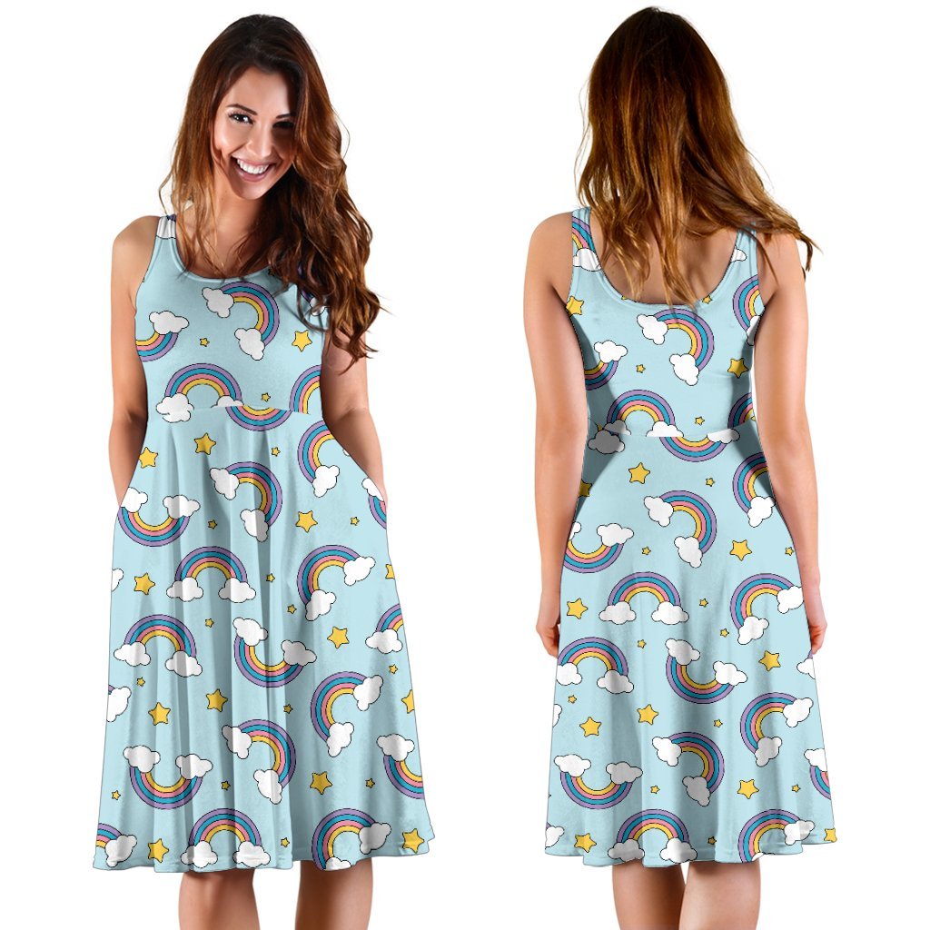 Rainbow Cloud Print Pattern Sleeveless Dress