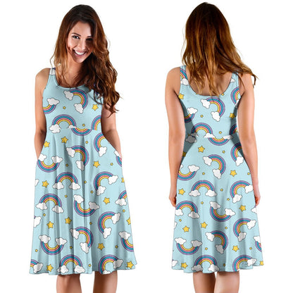 Rainbow Cloud Print Pattern Sleeveless Dress