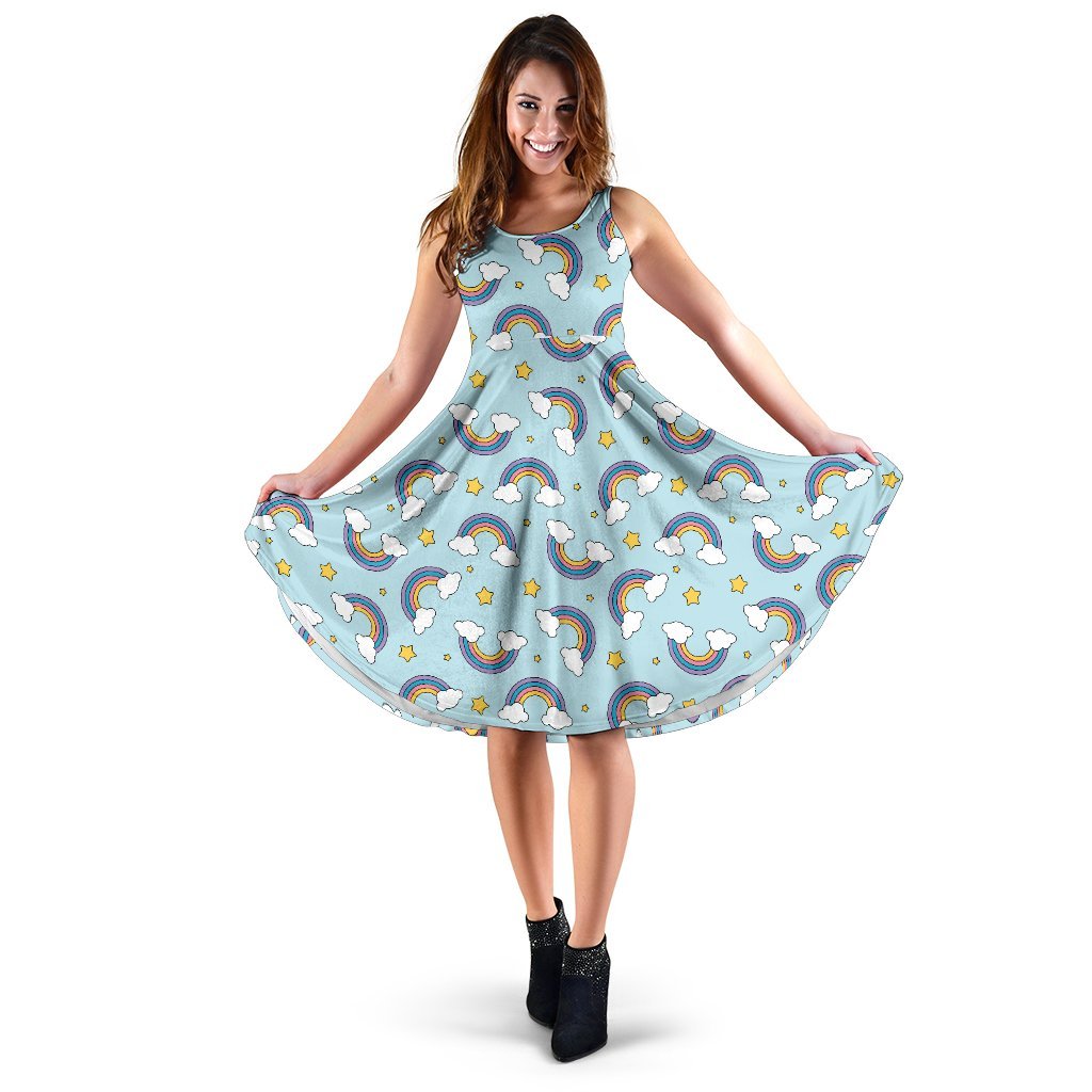 Rainbow Cloud Print Pattern Sleeveless Dress