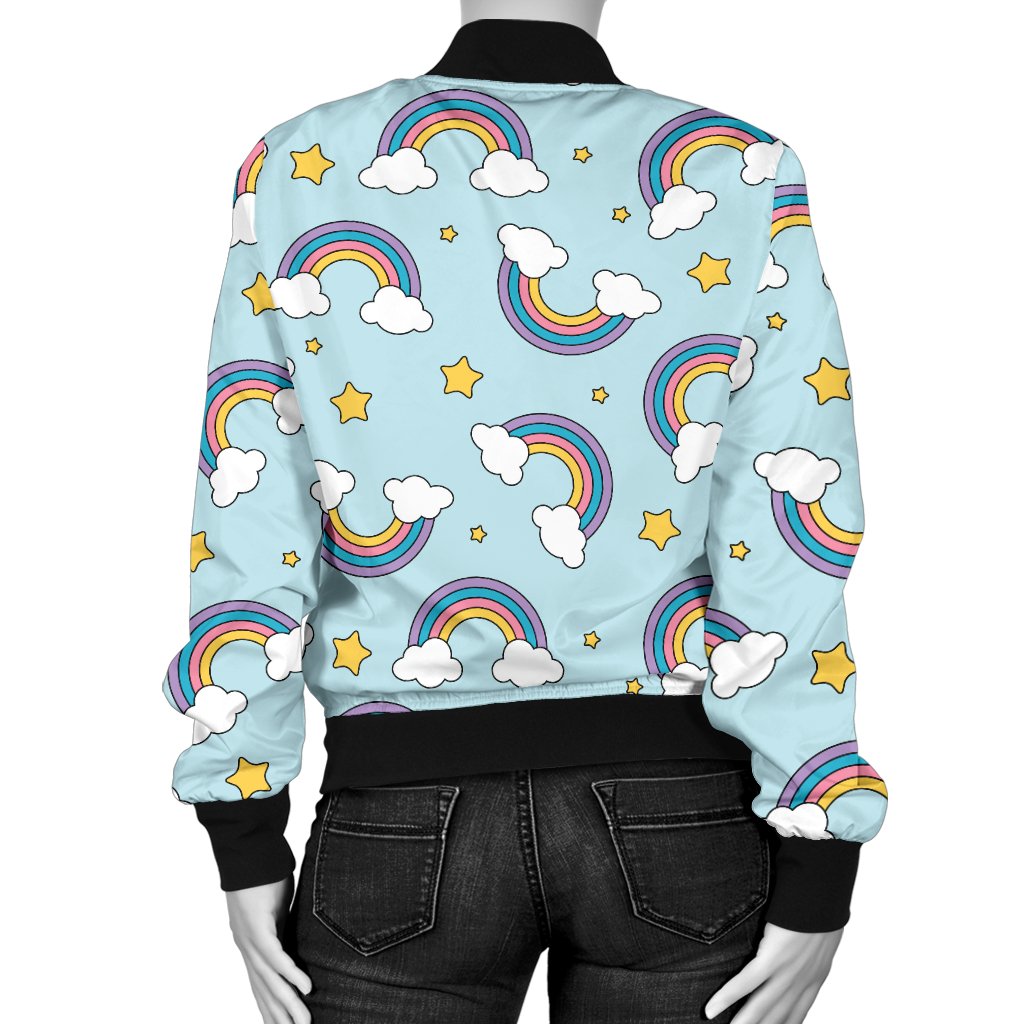 Rainbow Cloud Print Pattern Women Casual Bomber Jacket