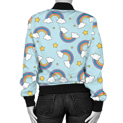 Rainbow Cloud Print Pattern Women Casual Bomber Jacket